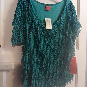 Sunny Leigh Petite Womens Teal Black Polka Dot Shirt NEW With tags
